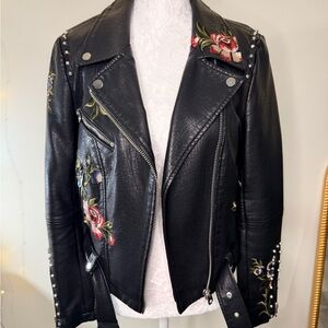 Embroidered Black Faux Leather Jacket